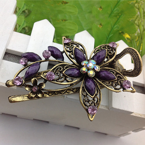 Women Retro Style Flower Bronze Tone Hairpin Rhinestone Alloy Duckbill Hair Clip