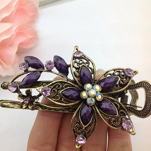 Women Retro Style Flower Bronze Tone Hairpin Rhinestone Alloy Duckbill Hair Clip