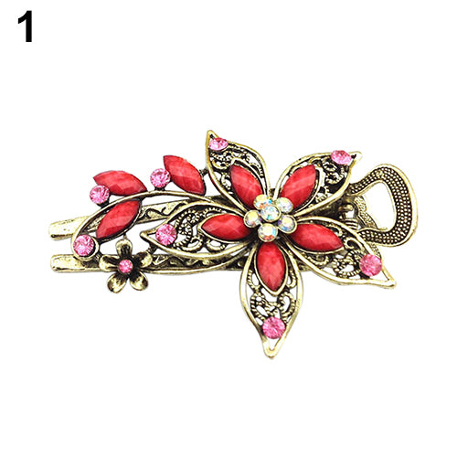 Women Retro Style Flower Bronze Tone Hairpin Rhinestone Alloy Duckbill Hair Clip