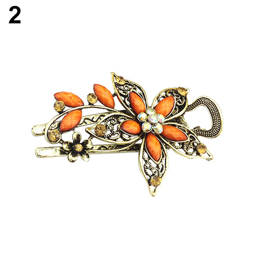 Women Retro Style Flower Bronze Tone Hairpin Rhinestone Alloy Duckbill Hair Clip