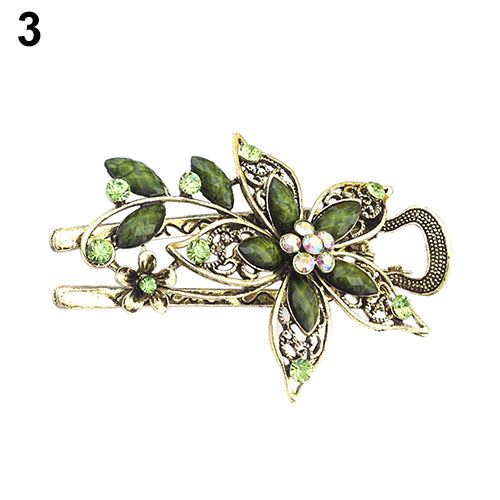 Women Retro Style Flower Bronze Tone Hairpin Rhinestone Alloy Duckbill Hair Clip