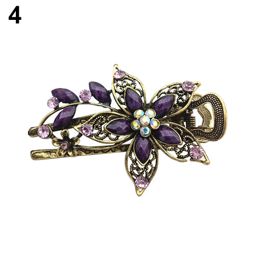 Women Retro Style Flower Bronze Tone Hairpin Rhinestone Alloy Duckbill Hair Clip