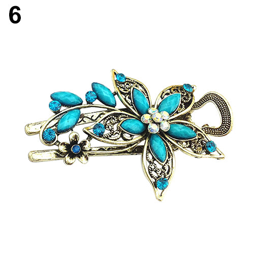 Women Retro Style Flower Bronze Tone Hairpin Rhinestone Alloy Duckbill Hair Clip