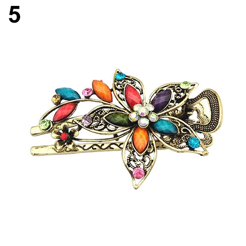 Women Retro Style Flower Bronze Tone Hairpin Rhinestone Alloy Duckbill Hair Clip