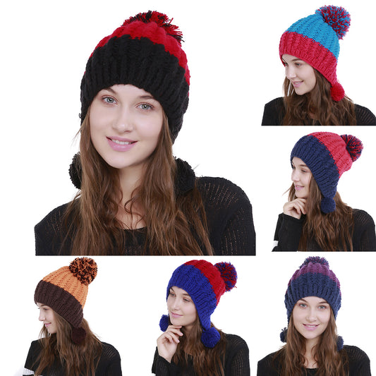 Women Fashion Color Blocking Woolen Yarn Winter Beanie with Knitting Wool Balls