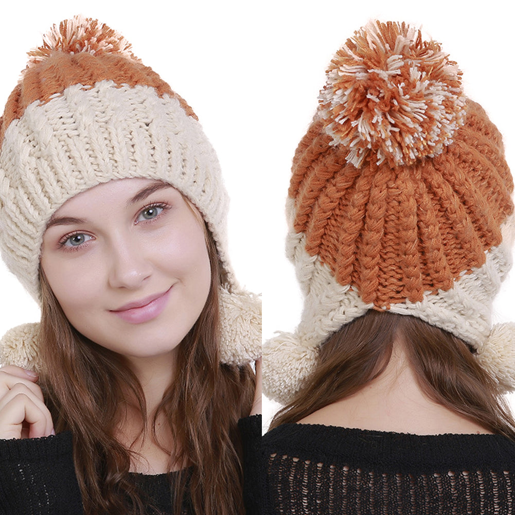 Women Fashion Color Blocking Woolen Yarn Winter Beanie with Knitting Wool Balls