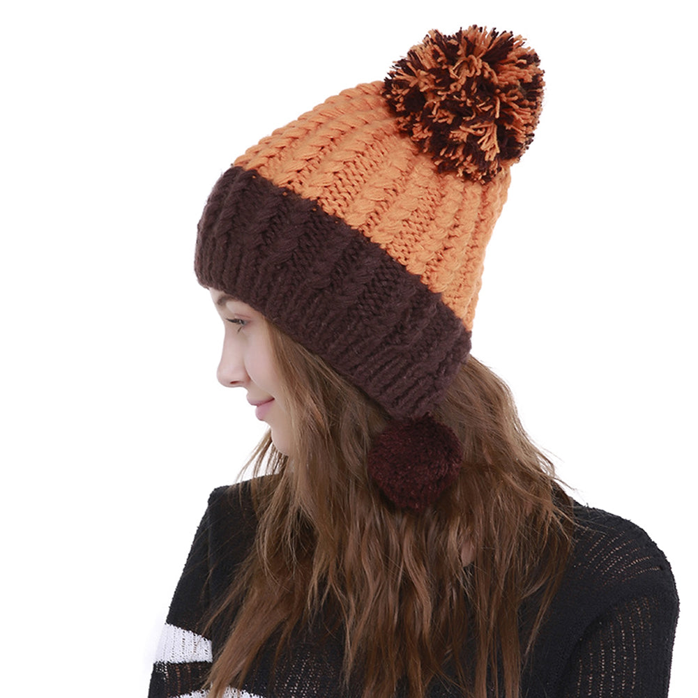Women Fashion Color Blocking Woolen Yarn Winter Beanie with Knitting Wool Balls