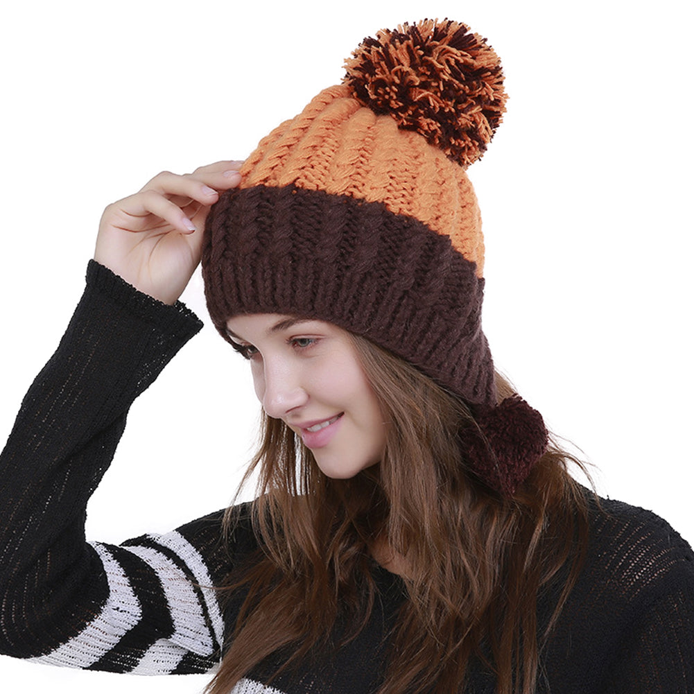 Women Fashion Color Blocking Woolen Yarn Winter Beanie with Knitting Wool Balls