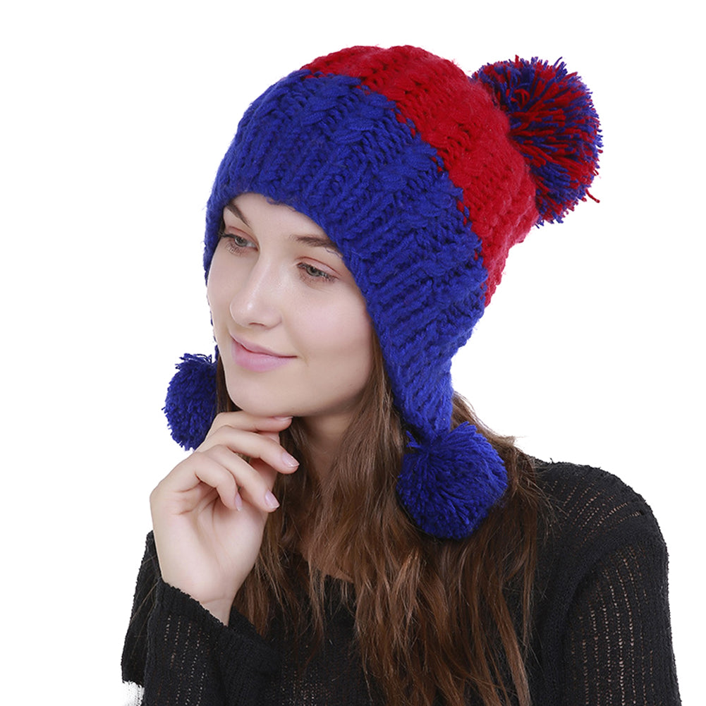 Women Fashion Color Blocking Woolen Yarn Winter Beanie with Knitting Wool Balls