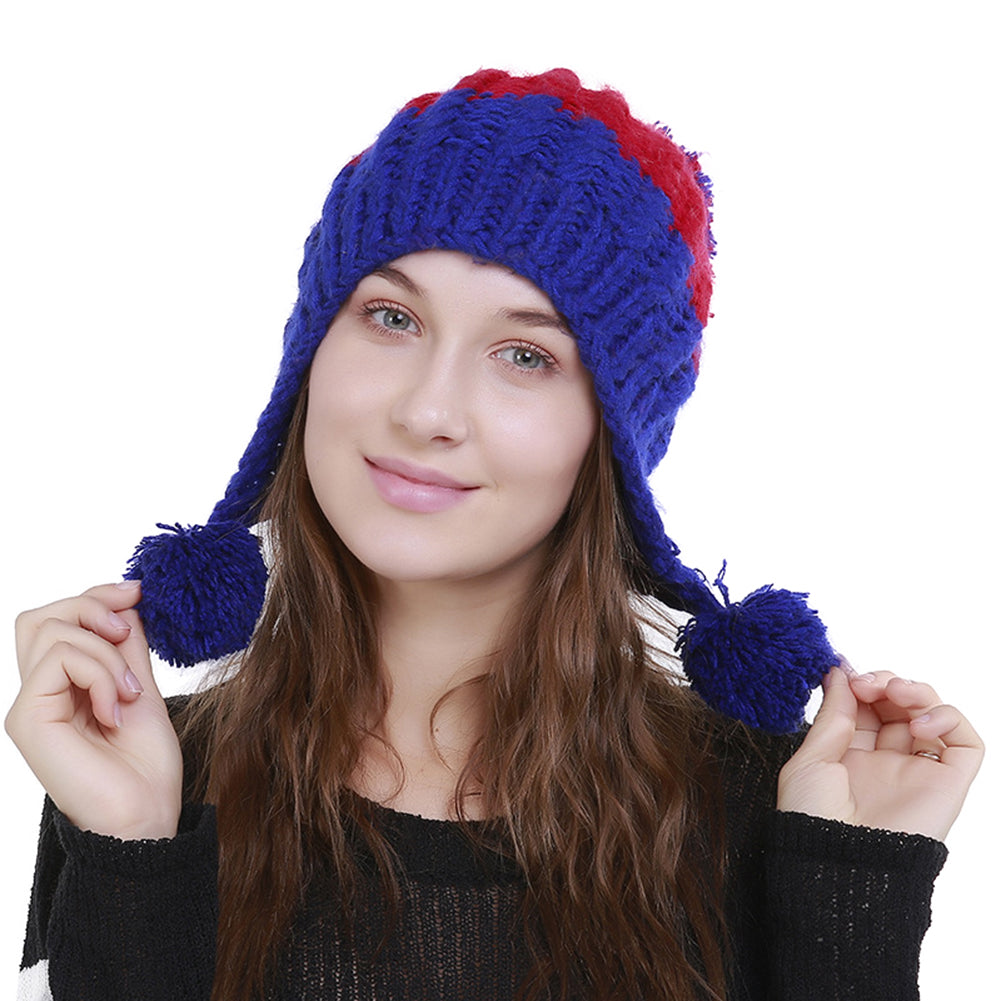 Women Fashion Color Blocking Woolen Yarn Winter Beanie with Knitting Wool Balls