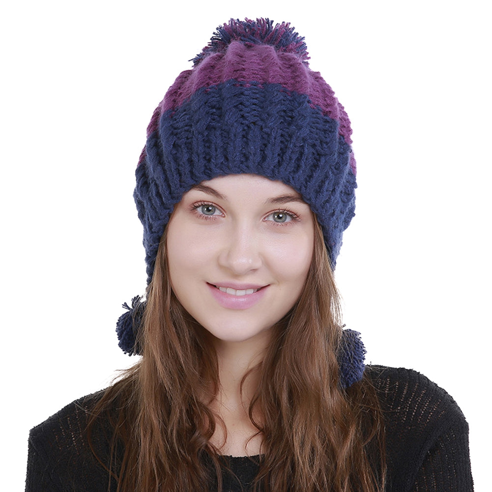 Women Fashion Color Blocking Woolen Yarn Winter Beanie with Knitting Wool Balls