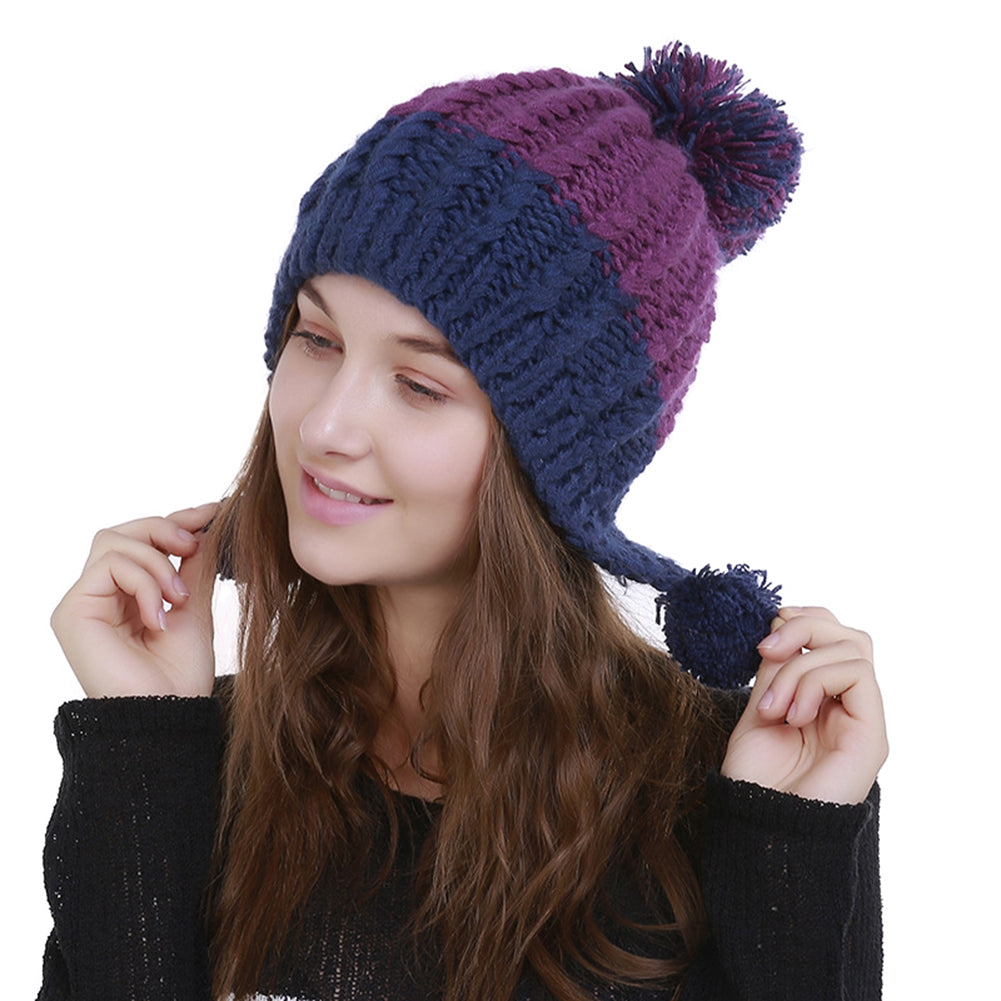 Women Fashion Color Blocking Woolen Yarn Winter Beanie with Knitting Wool Balls