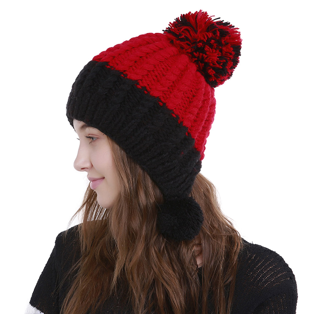 Women Fashion Color Blocking Woolen Yarn Winter Beanie with Knitting Wool Balls