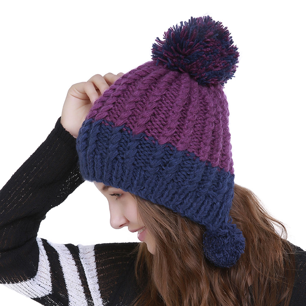 Women Fashion Color Blocking Woolen Yarn Winter Beanie with Knitting Wool Balls