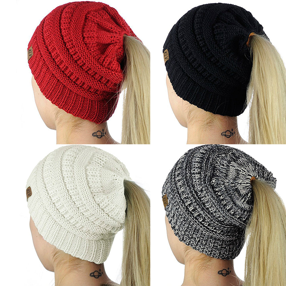 Fashion Women Soft Knitted Bun Ponytail Hat Crochet Warm Sports Beanie Cap