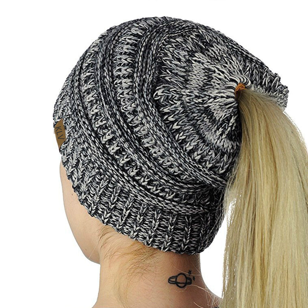 Fashion Women Soft Knitted Bun Ponytail Hat Crochet Warm Sports Beanie Cap