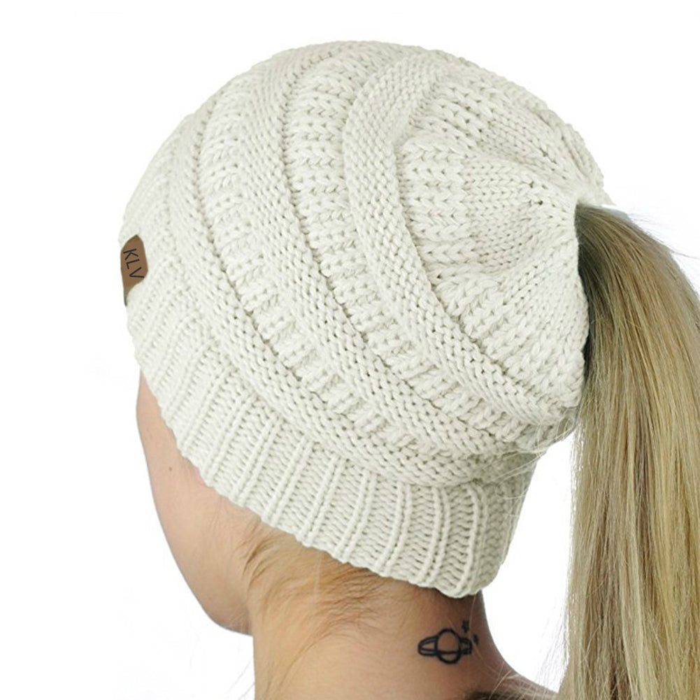 Fashion Women Soft Knitted Bun Ponytail Hat Crochet Warm Sports Beanie Cap