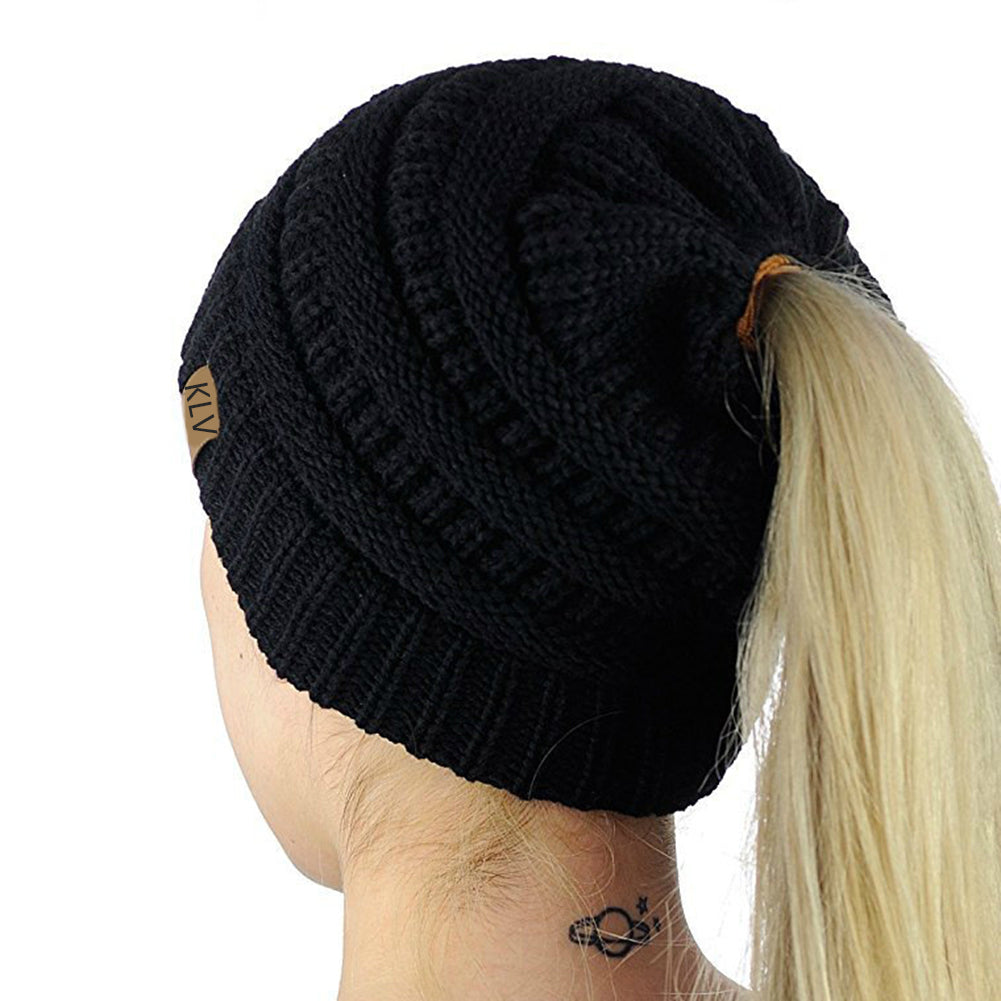 Fashion Women Soft Knitted Bun Ponytail Hat Crochet Warm Sports Beanie Cap