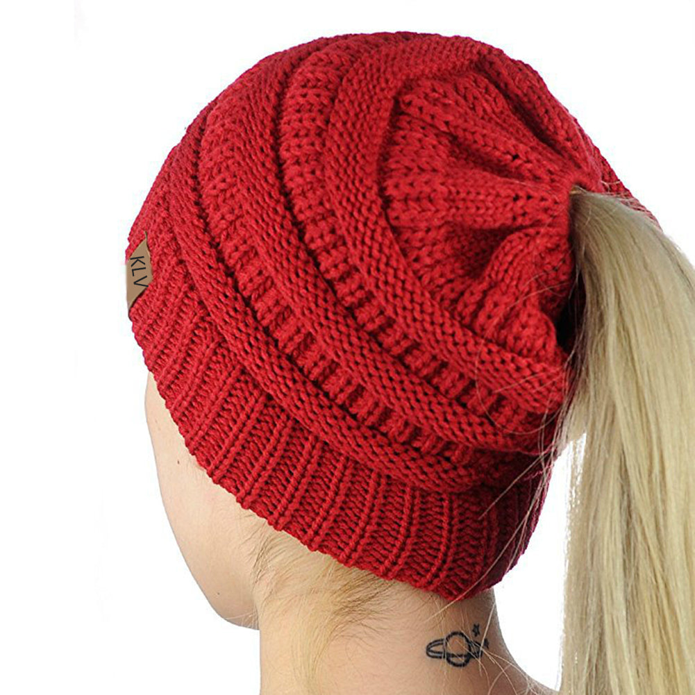 Fashion Women Soft Knitted Bun Ponytail Hat Crochet Warm Sports Beanie Cap