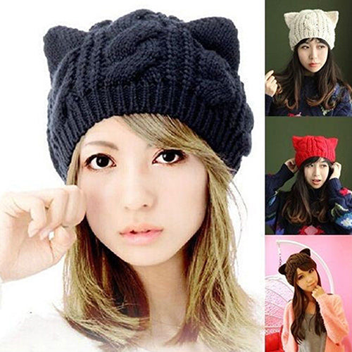 Women's Winter Fashion Lovely Cat Ear Crochet Knitted Ski Woolen Cap Beanie Hat