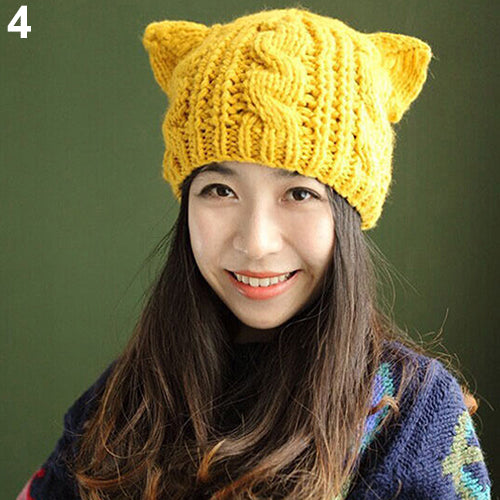 Women's Winter Fashion Lovely Cat Ear Crochet Knitted Ski Woolen Cap Beanie Hat