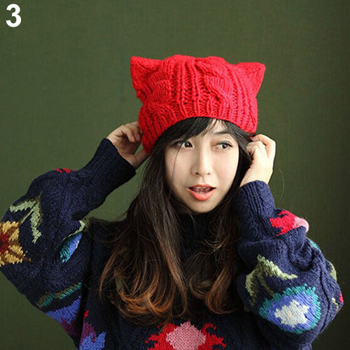 Women's Winter Fashion Lovely Cat Ear Crochet Knitted Ski Woolen Cap Beanie Hat