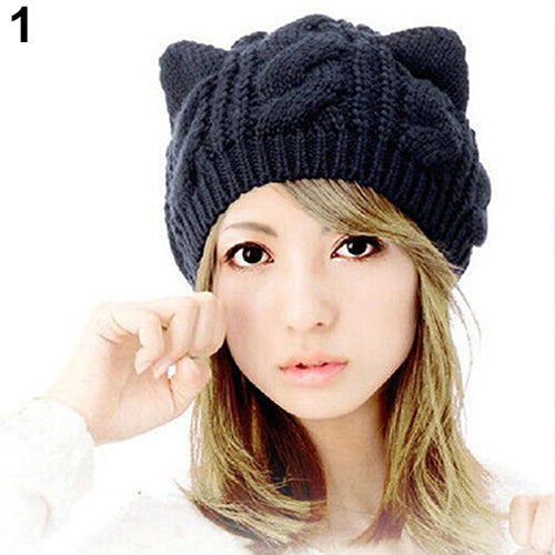 Women's Winter Fashion Lovely Cat Ear Crochet Knitted Ski Woolen Cap Beanie Hat