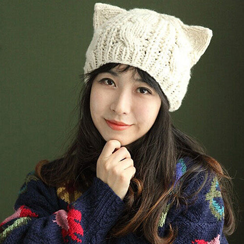 Women's Winter Fashion Lovely Cat Ear Crochet Knitted Ski Woolen Cap Beanie Hat