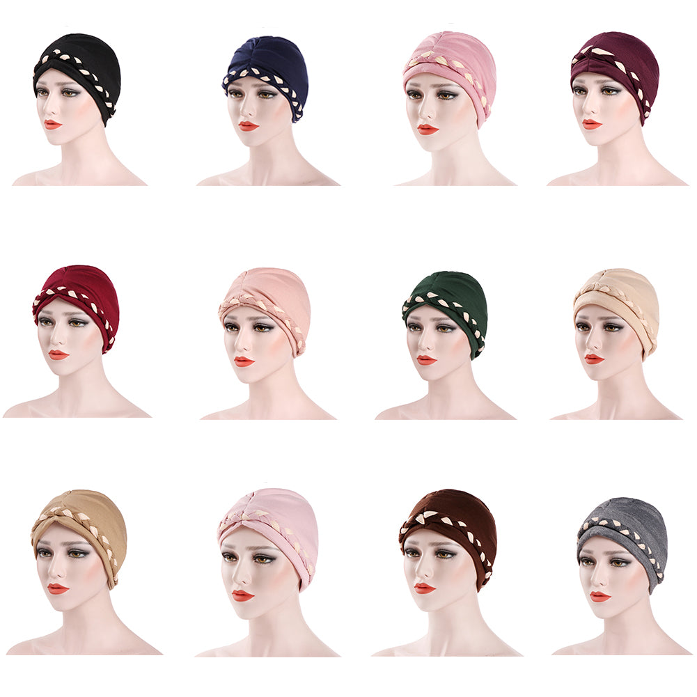 Fashion Women Soft Cotton Beanie Hat Dual Color Braid Muslim Turban Chemo Cap