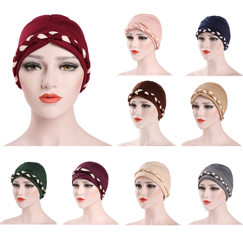 Fashion Women Soft Cotton Beanie Hat Dual Color Braid Muslim Turban Chemo Cap