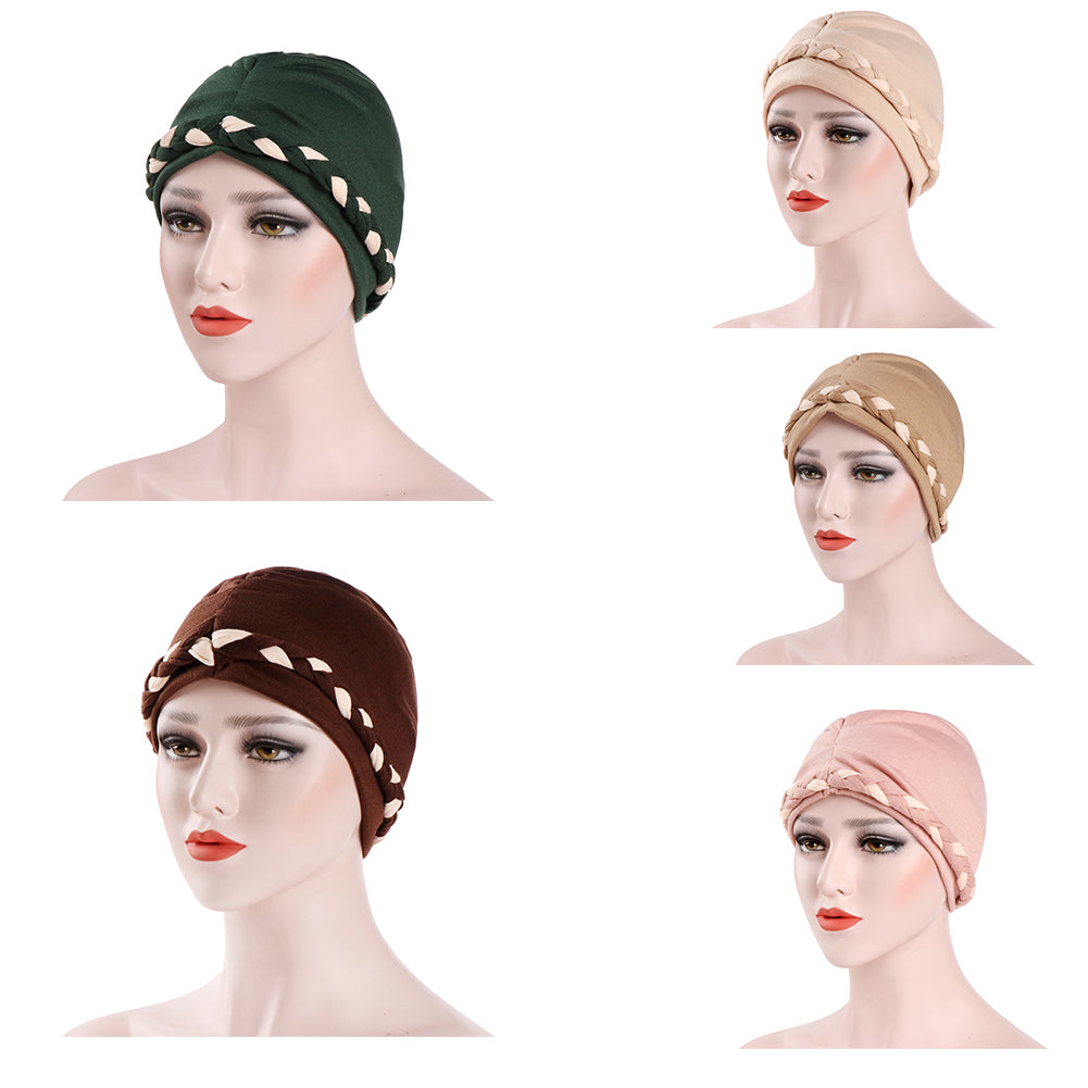 Fashion Women Soft Cotton Beanie Hat Dual Color Braid Muslim Turban Chemo Cap