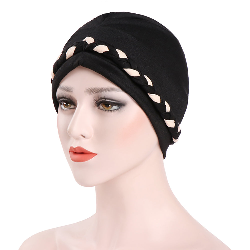 Fashion Women Soft Cotton Beanie Hat Dual Color Braid Muslim Turban Chemo Cap