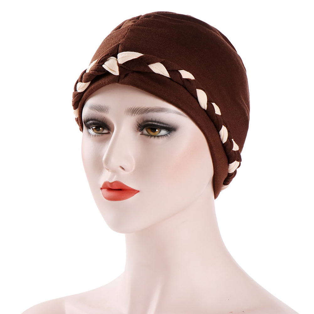 Fashion Women Soft Cotton Beanie Hat Dual Color Braid Muslim Turban Chemo Cap