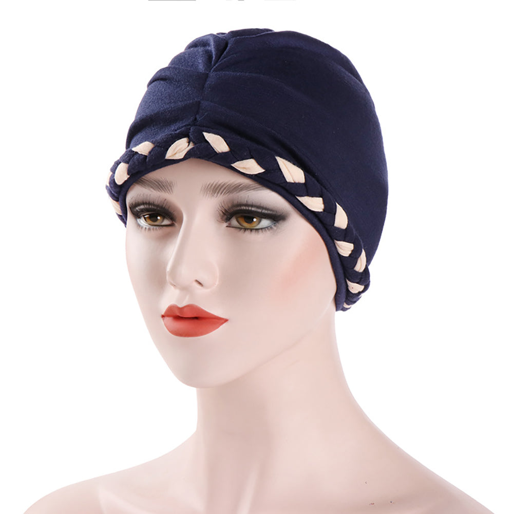 Fashion Women Soft Cotton Beanie Hat Dual Color Braid Muslim Turban Chemo Cap