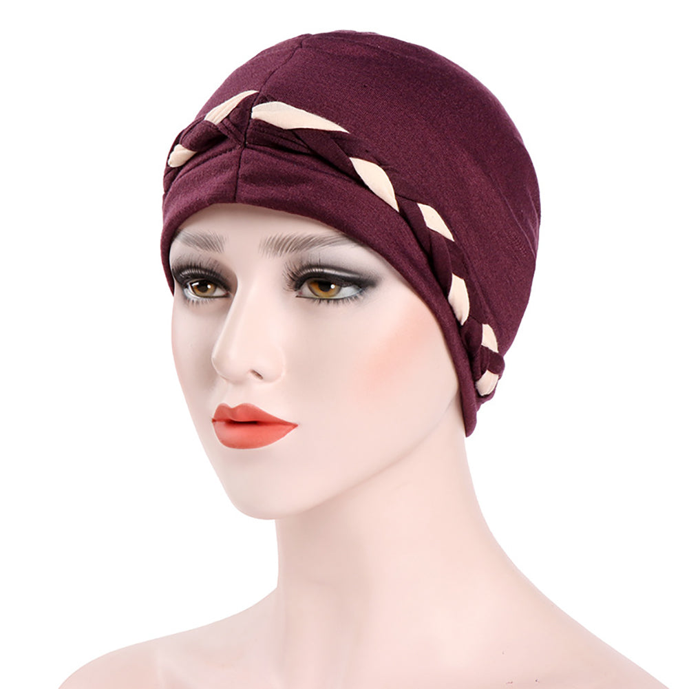 Fashion Women Soft Cotton Beanie Hat Dual Color Braid Muslim Turban Chemo Cap