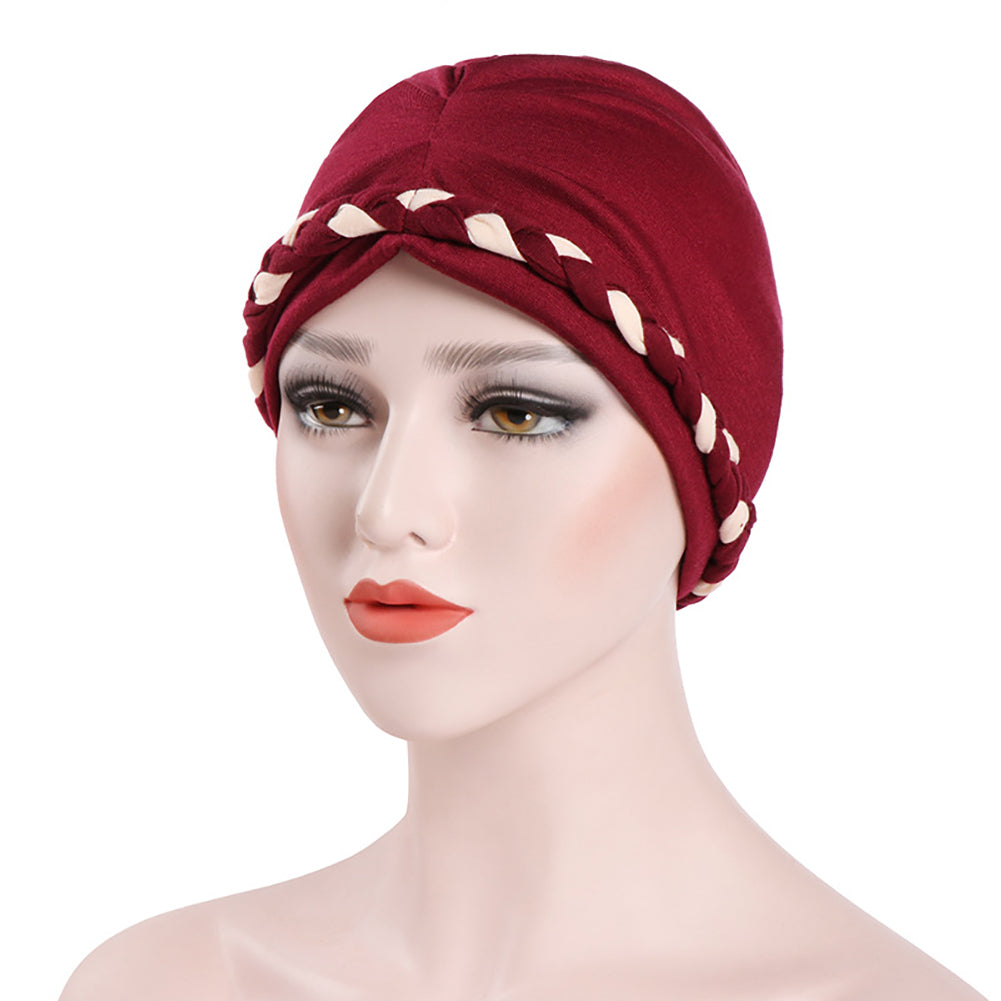 Fashion Women Soft Cotton Beanie Hat Dual Color Braid Muslim Turban Chemo Cap