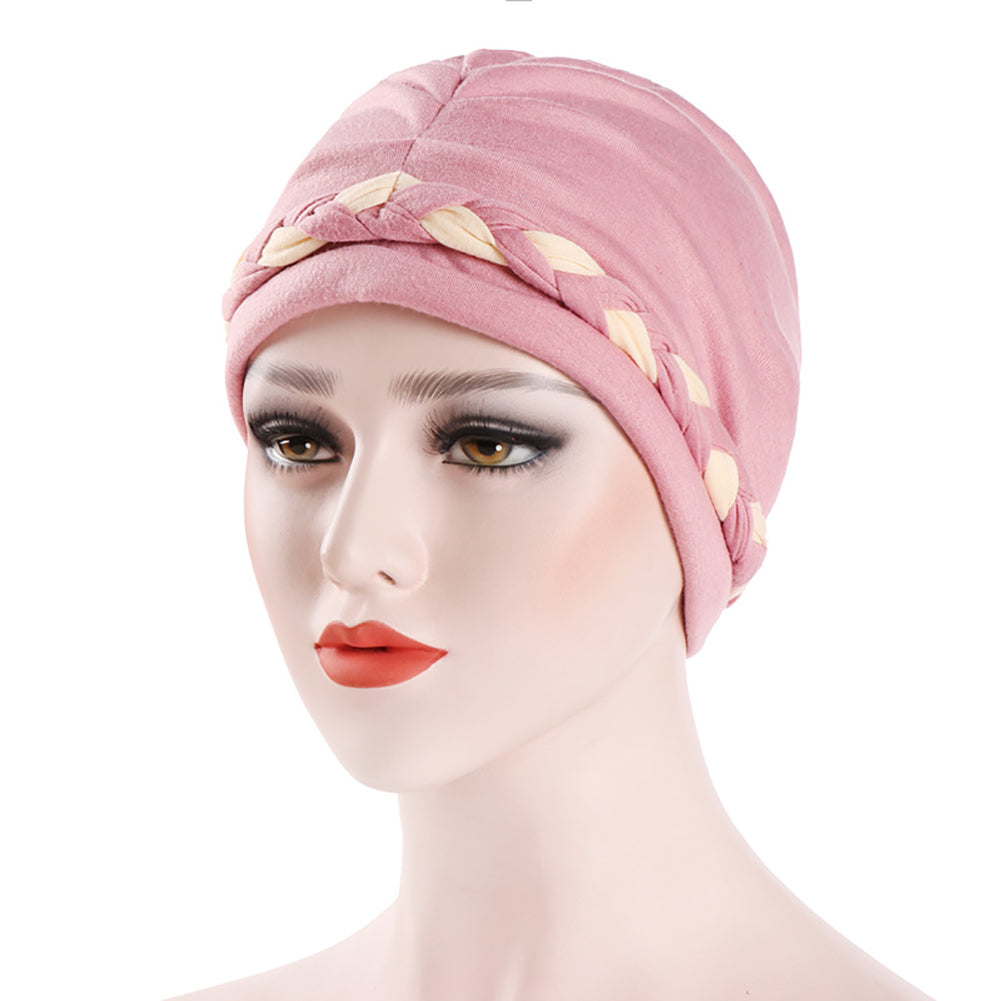 Fashion Women Soft Cotton Beanie Hat Dual Color Braid Muslim Turban Chemo Cap