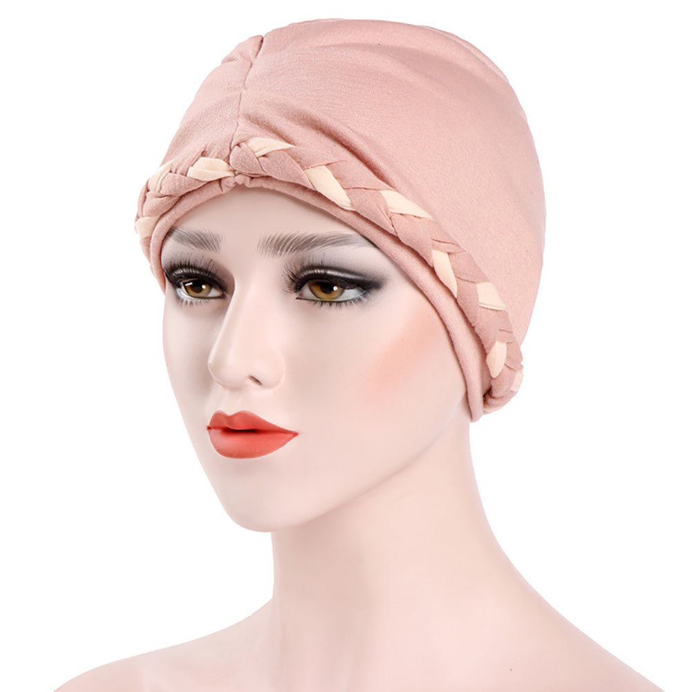 Fashion Women Soft Cotton Beanie Hat Dual Color Braid Muslim Turban Chemo Cap