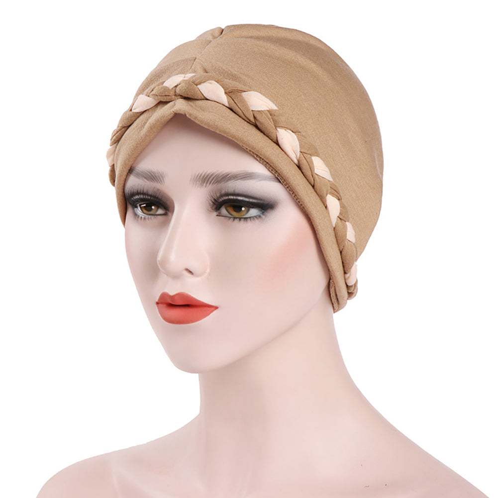 Fashion Women Soft Cotton Beanie Hat Dual Color Braid Muslim Turban Chemo Cap
