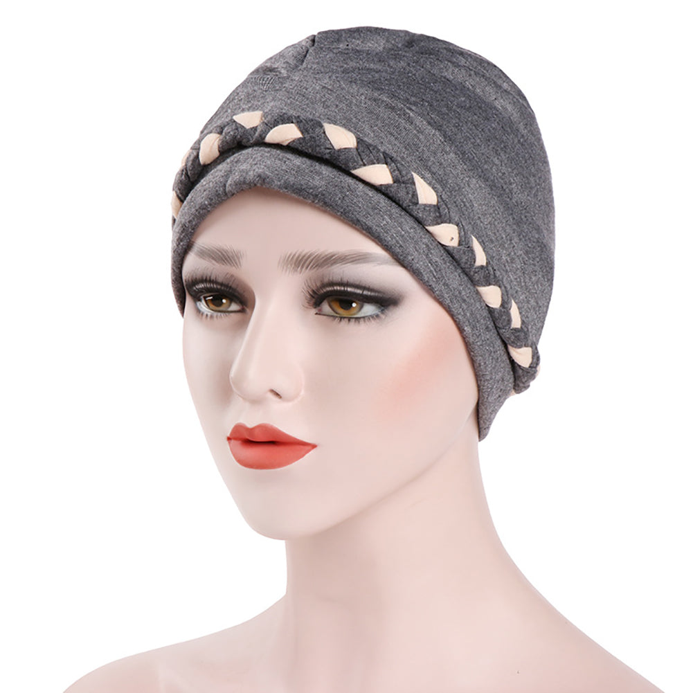 Fashion Women Soft Cotton Beanie Hat Dual Color Braid Muslim Turban Chemo Cap