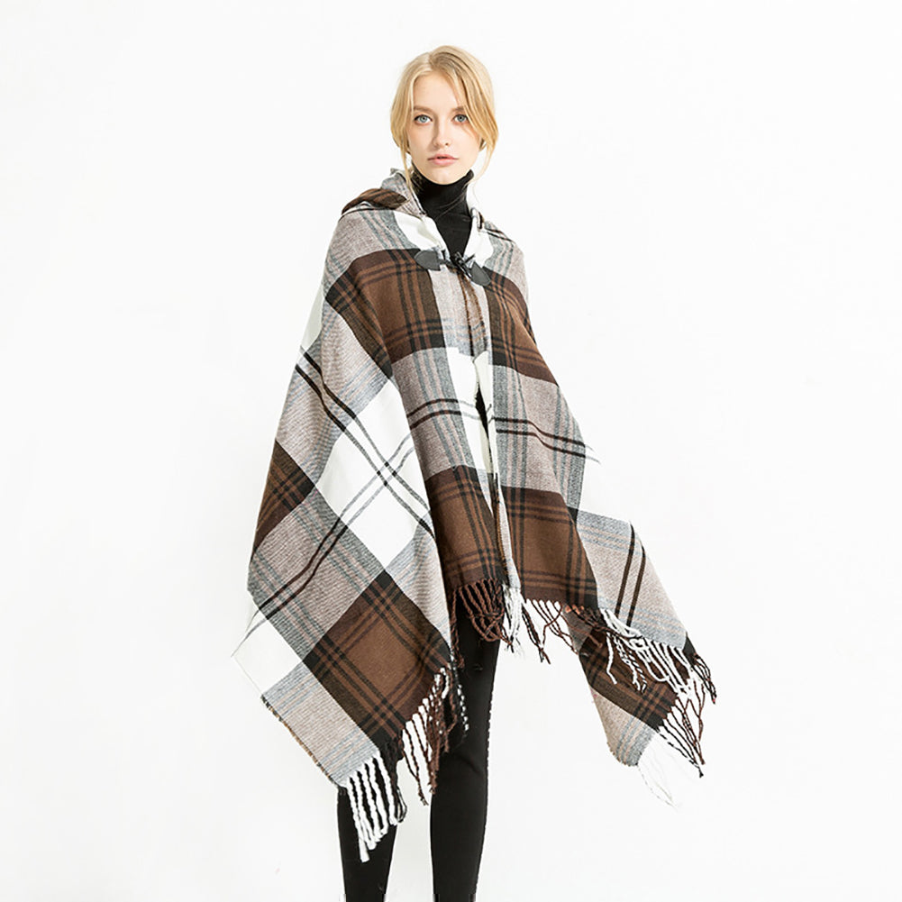 Women Fashion Hooded Grid Pattern Long Warm Shawl Winter Autumn Scarf Gift