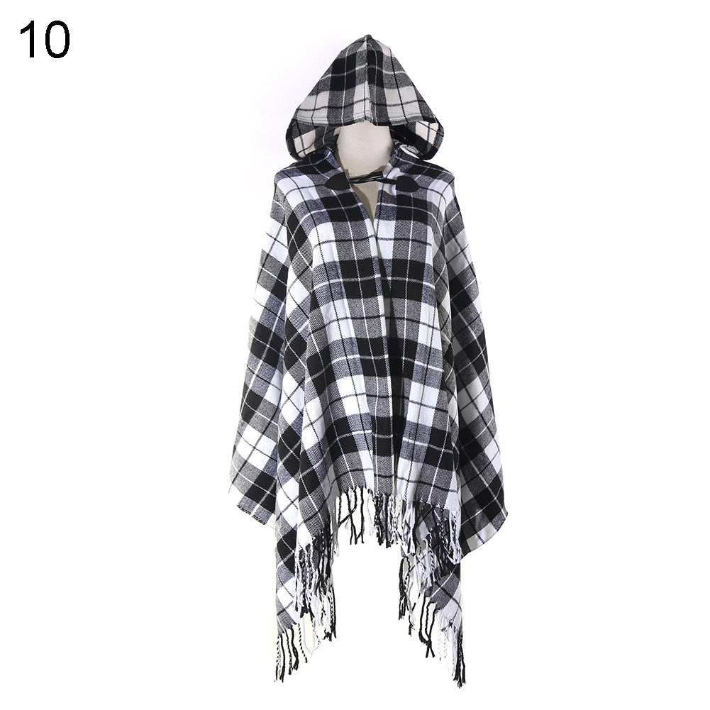Women Fashion Hooded Grid Pattern Long Warm Shawl Winter Autumn Scarf Gift