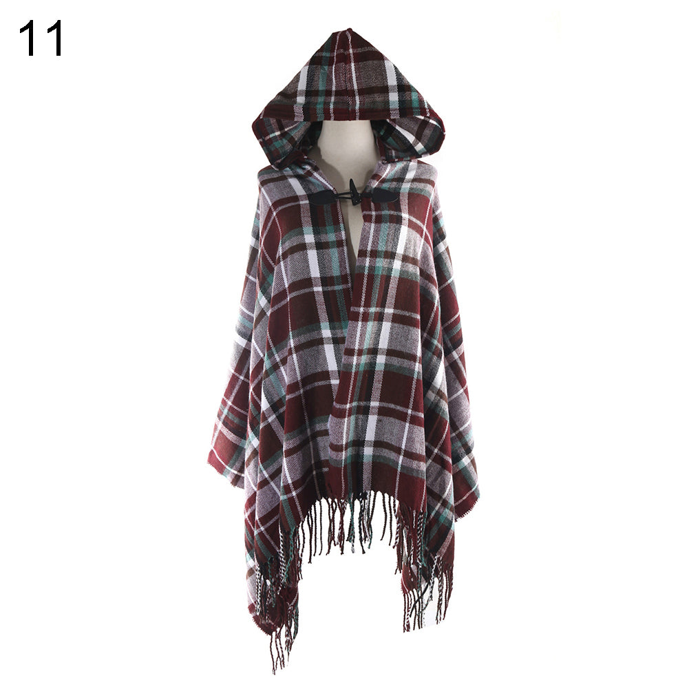 Women Fashion Hooded Grid Pattern Long Warm Shawl Winter Autumn Scarf Gift