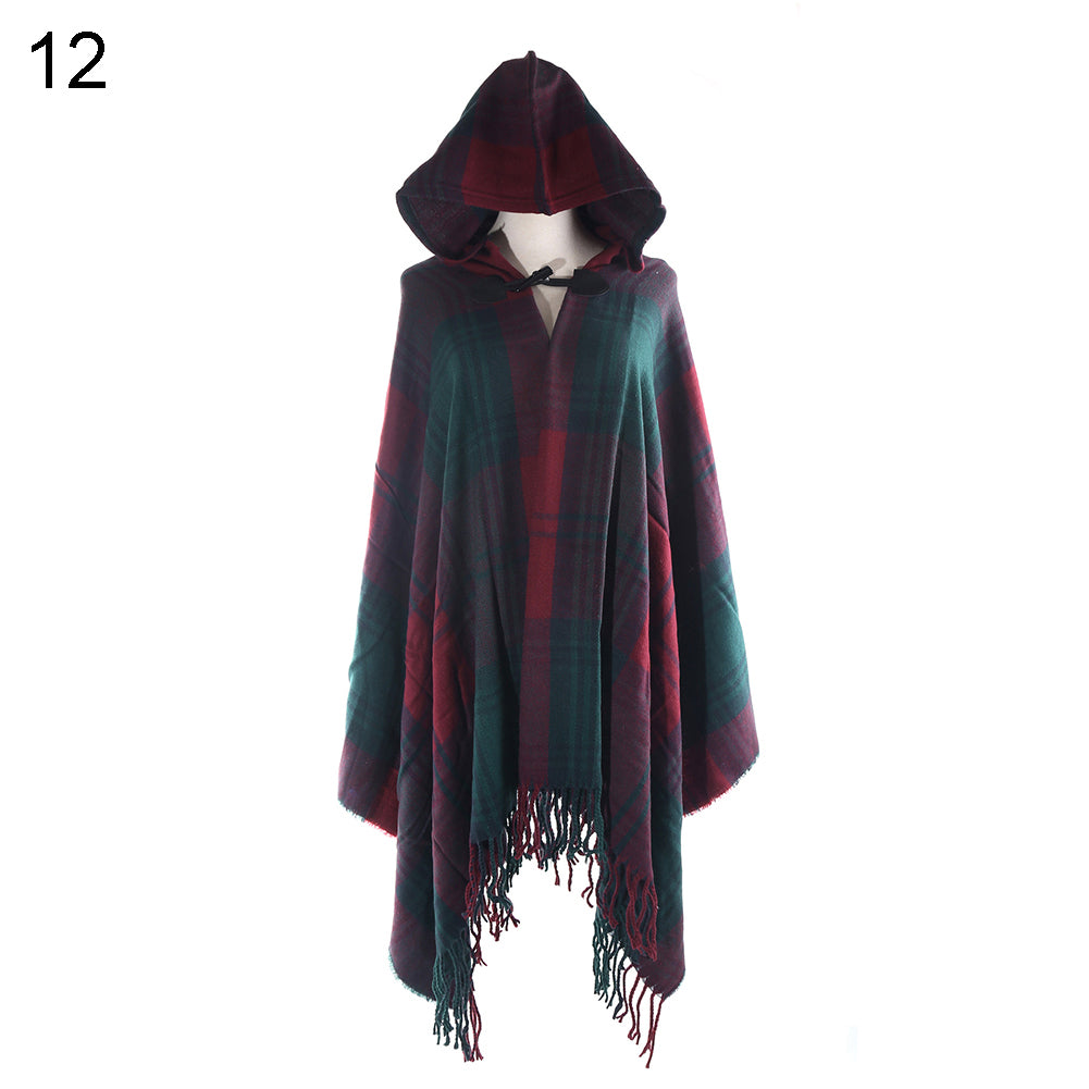 Women Fashion Hooded Grid Pattern Long Warm Shawl Winter Autumn Scarf Gift