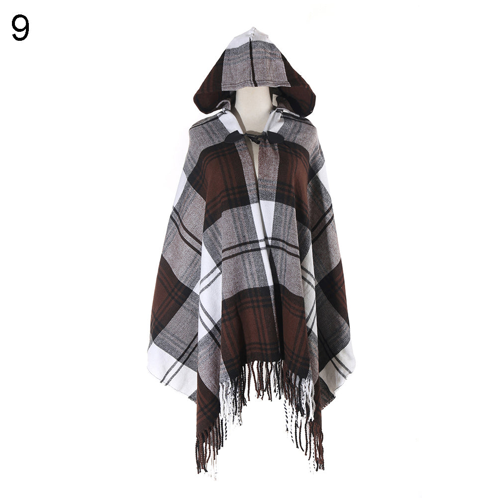 Women Fashion Hooded Grid Pattern Long Warm Shawl Winter Autumn Scarf Gift