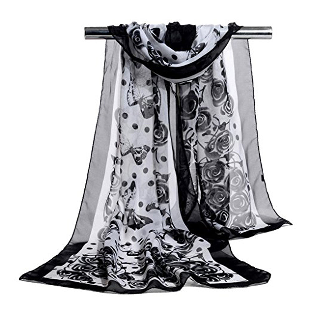Fashion Women Butterfly Flower Long Chiffon Georgette Soft Wrap Shawl Scarf
