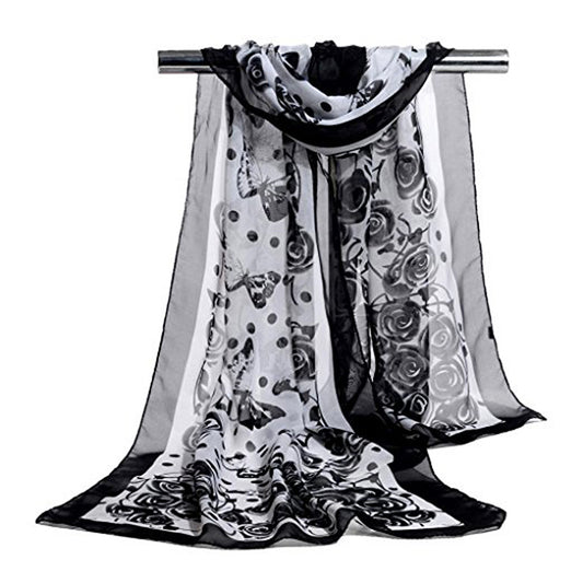 Fashion Women Butterfly Flower Long Chiffon Georgette Soft Wrap Shawl Scarf