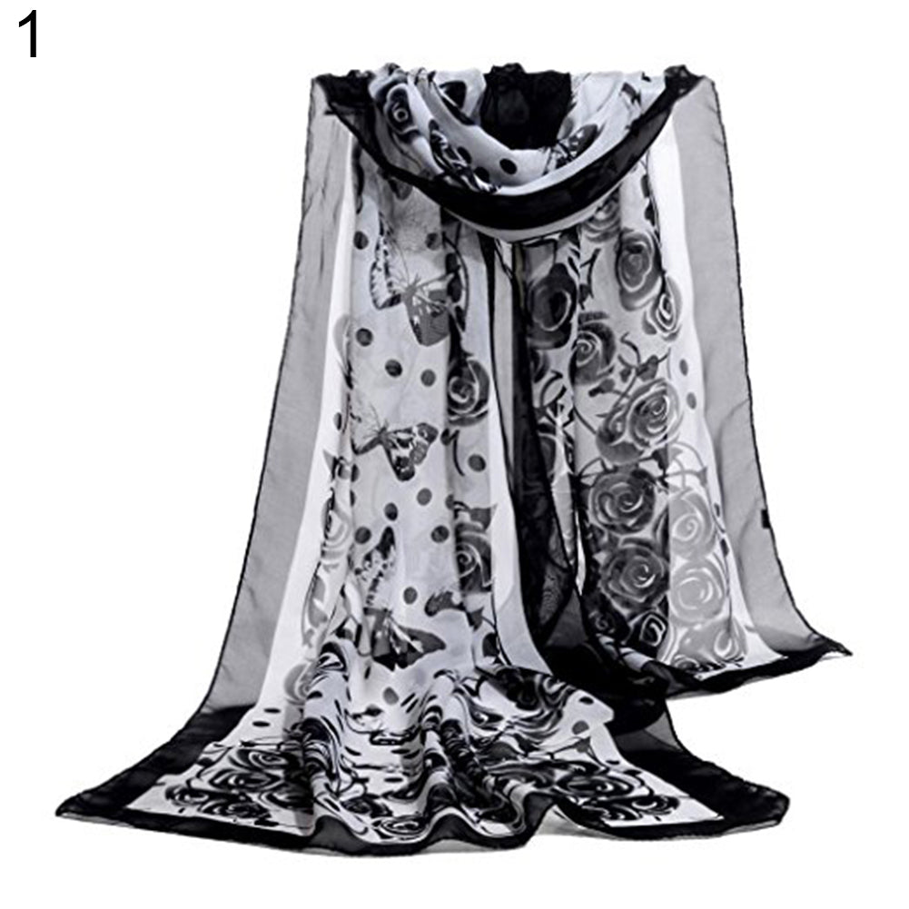 Fashion Women Butterfly Flower Long Chiffon Georgette Soft Wrap Shawl Scarf