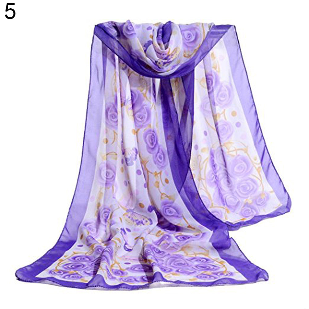 Fashion Women Butterfly Flower Long Chiffon Georgette Soft Wrap Shawl Scarf