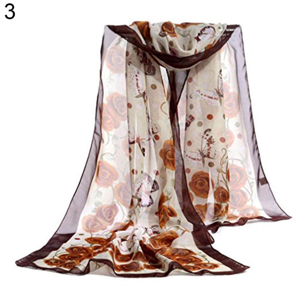 Fashion Women Butterfly Flower Long Chiffon Georgette Soft Wrap Shawl Scarf